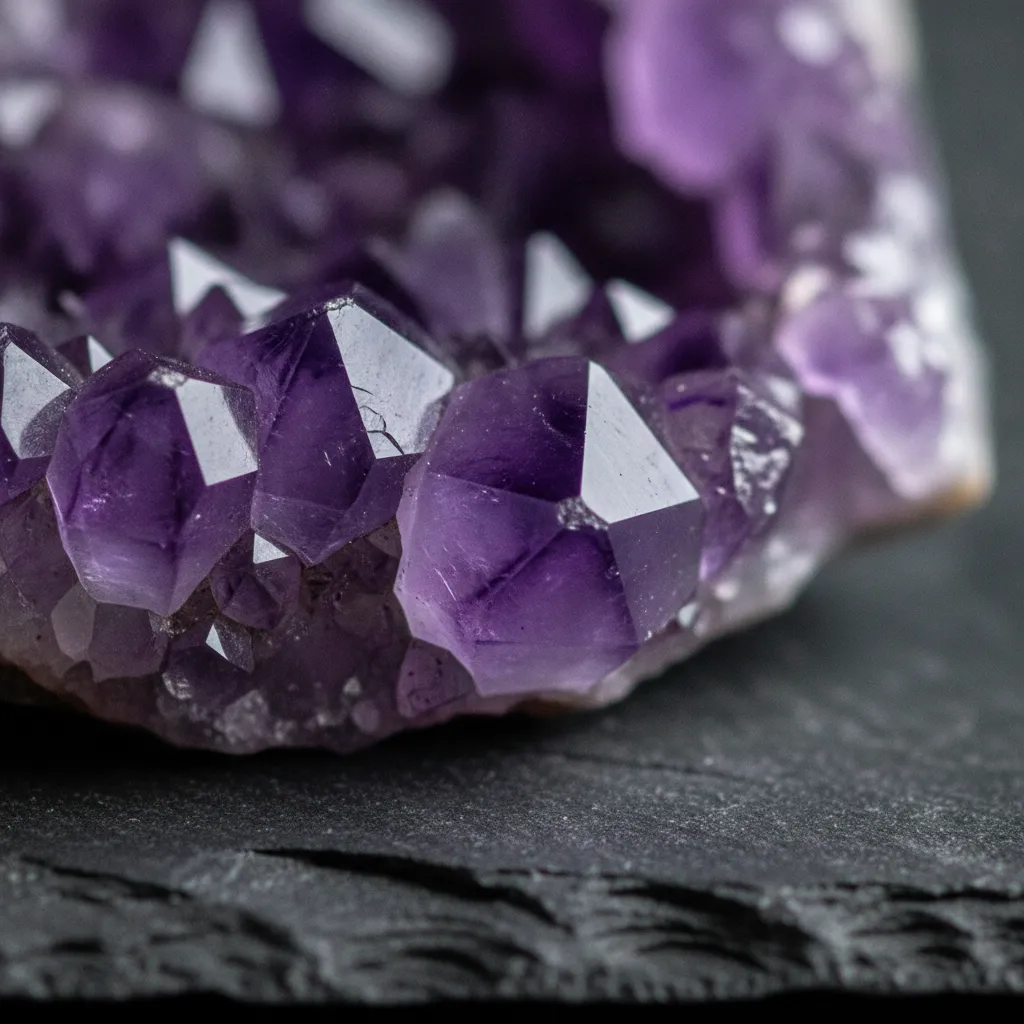 Géode d'améthyste aux cristaux violets sur fond sombre