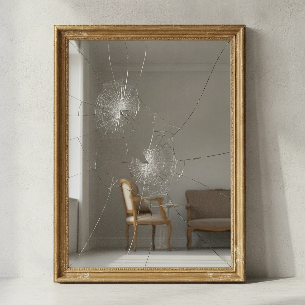 Miroir ancien fendu posé contre un mur, reflet fragmenté de la pièce
