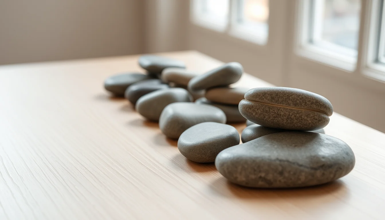 Galets gris posés sur une table en bois clair, éclairés par une lumière de fenêtre