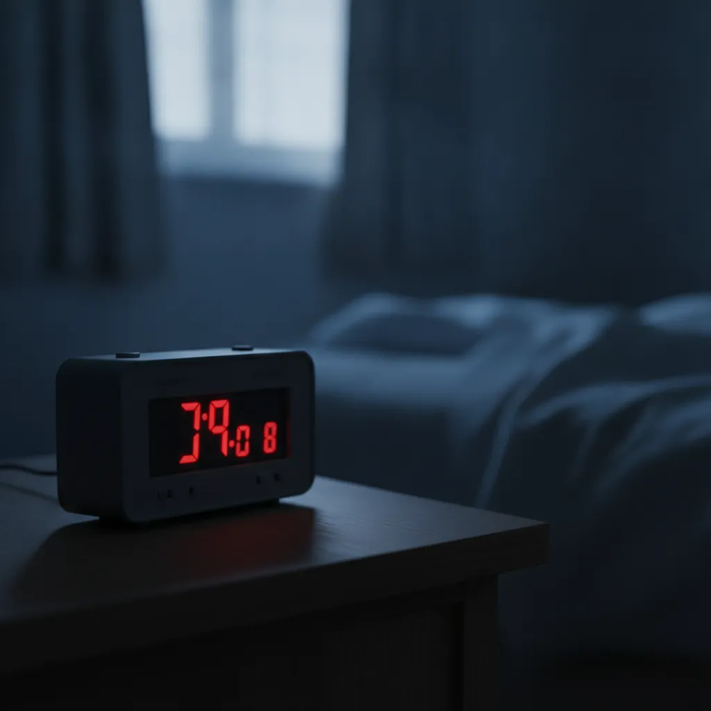 Réveil numérique posé sur une table de nuit dans la lumière du petit matin