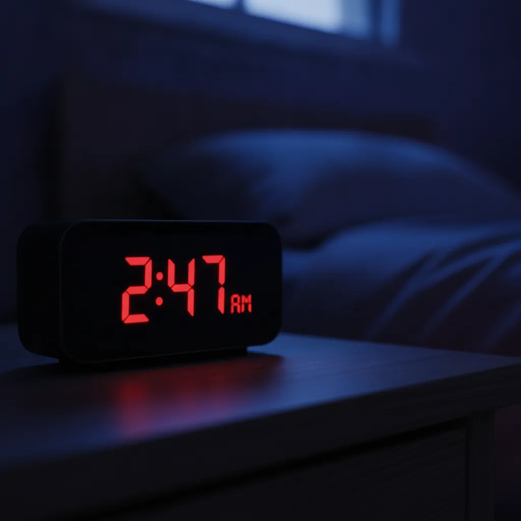 Réveil numérique affichant 22:22 dans une chambre faiblement éclairée