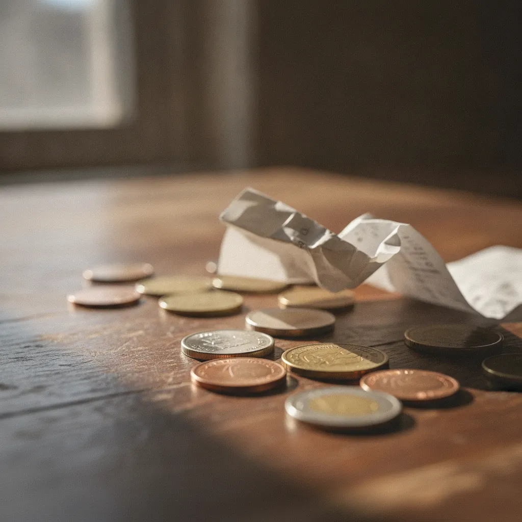 Ticket de caisse et pièces posés sur une table en bois, lumière rasante du matin