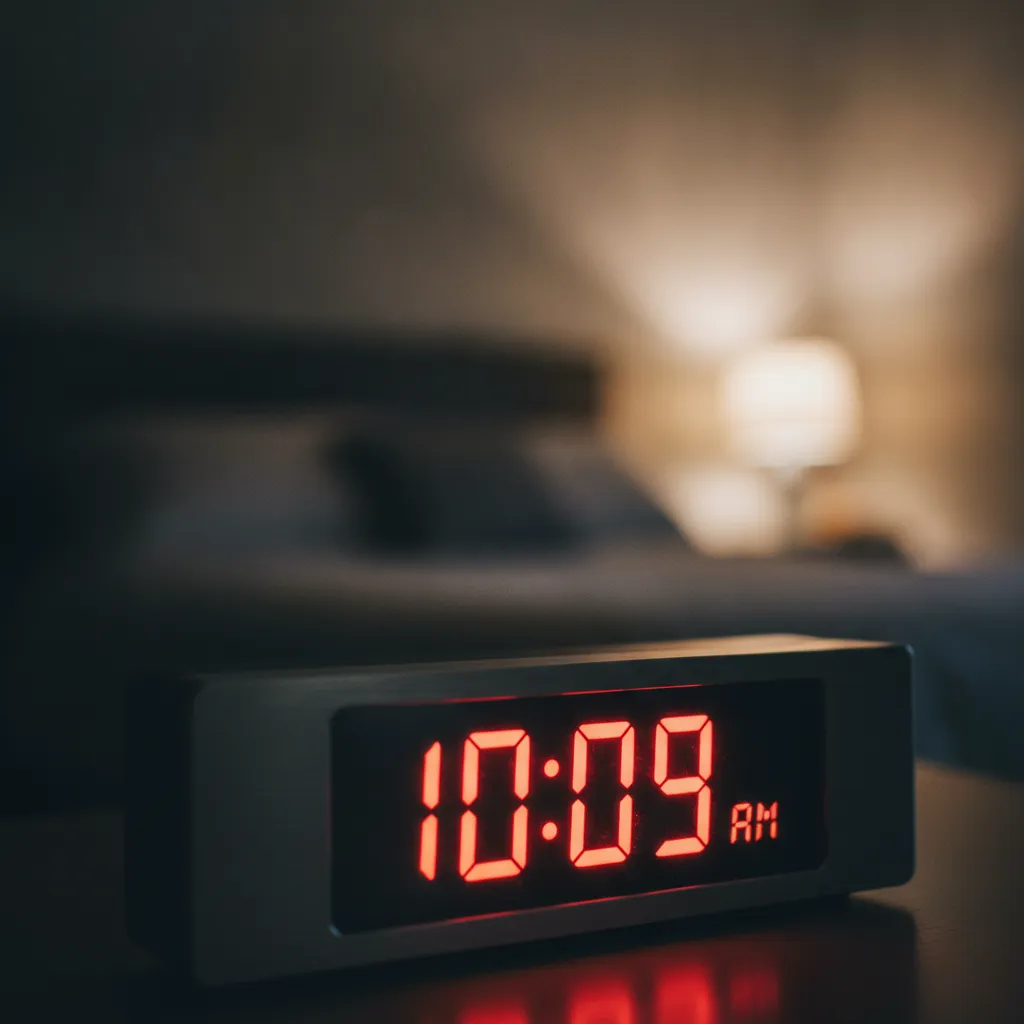 Horloge numérique affichant une heure sur fond sombre et flou