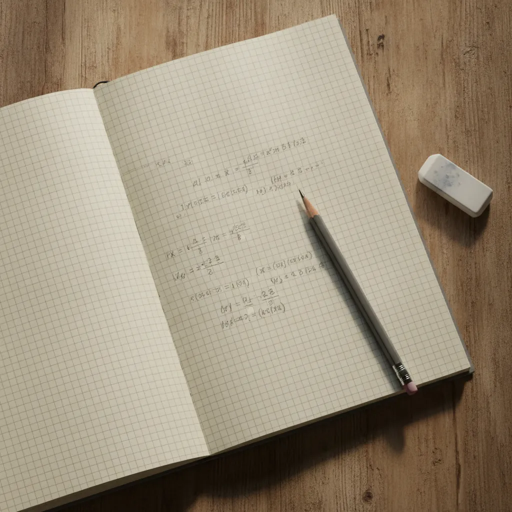 Carnet ouvert couvert de calculs manuscrits à côté d'un crayon