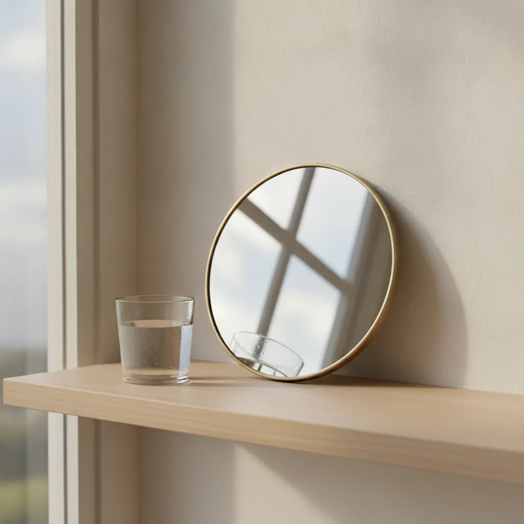 Miroir de salle de bain à la lumière du matin, reflet flou d'une fenêtre