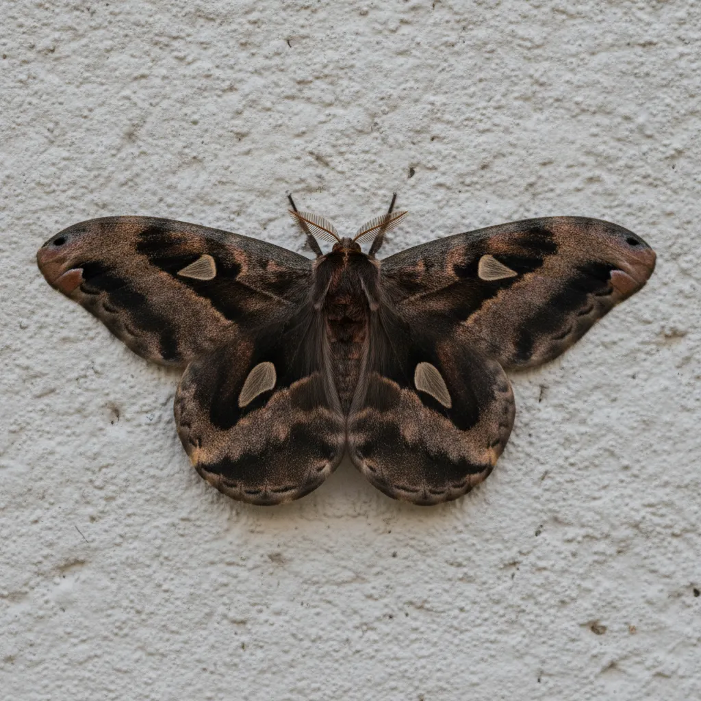 Papillon de nuit aux ailes sombres posé sur un mur clair