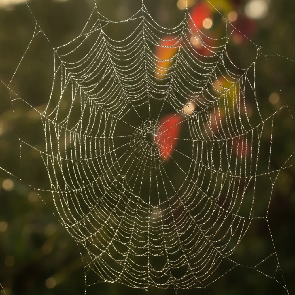 Toile d'araignée couverte de rosée dans une lumière matinale