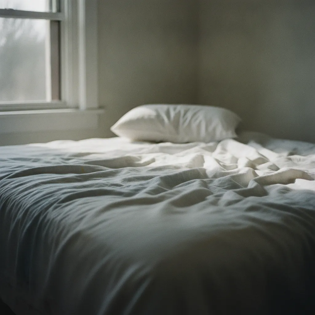 Draps froissés au petit matin, lumière rasante entrant par une fenêtre entrouverte