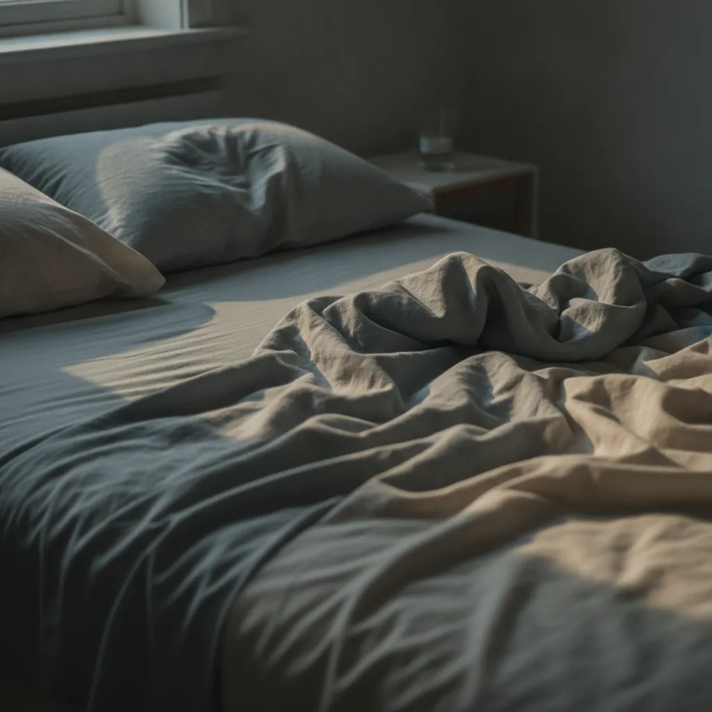 Lit défait au petit matin, draps de lin froissés dans une lumière rasante