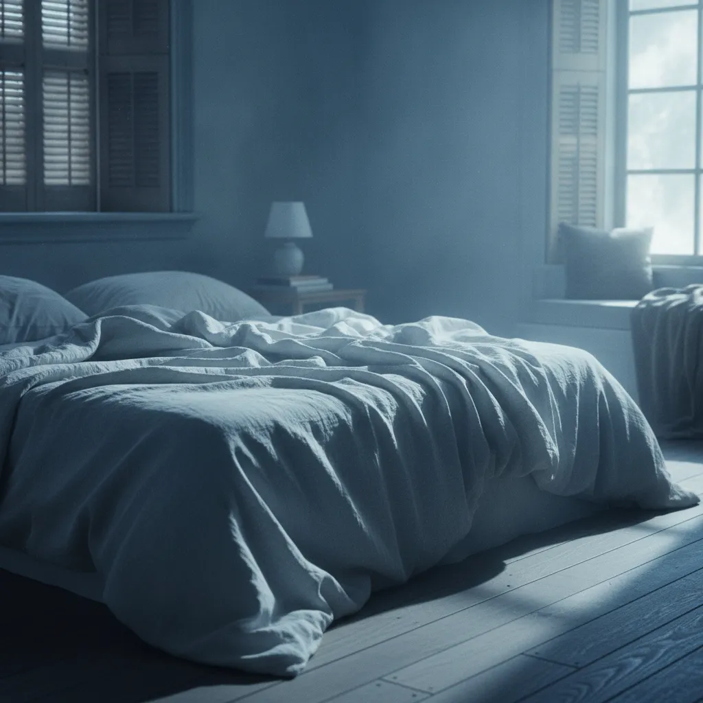 Chambre au petit matin avec lumière filtrant par les volets