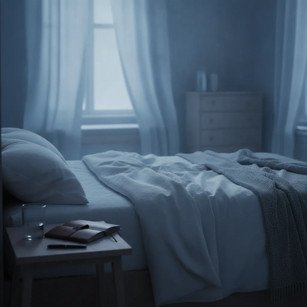 Chambre au petit matin, carnet et stylo posés sur la table de chevet